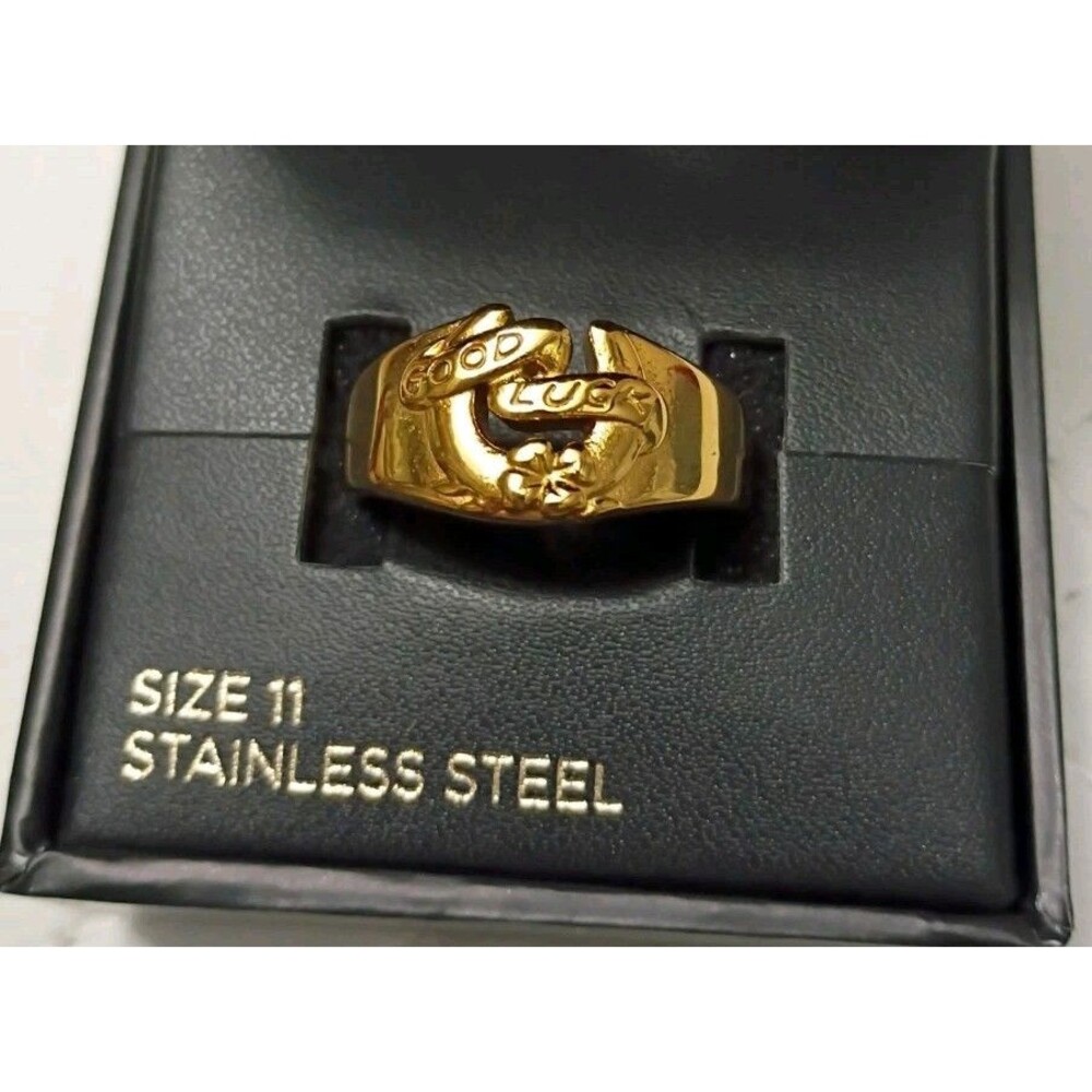 Ed Hardy Men's Gold Tone Stainless Steel "Good Luck" Ring